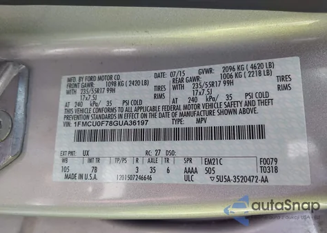 2016 Ford Escape S из США, поврежденный, VIN 1FMCU0F78GUA36197